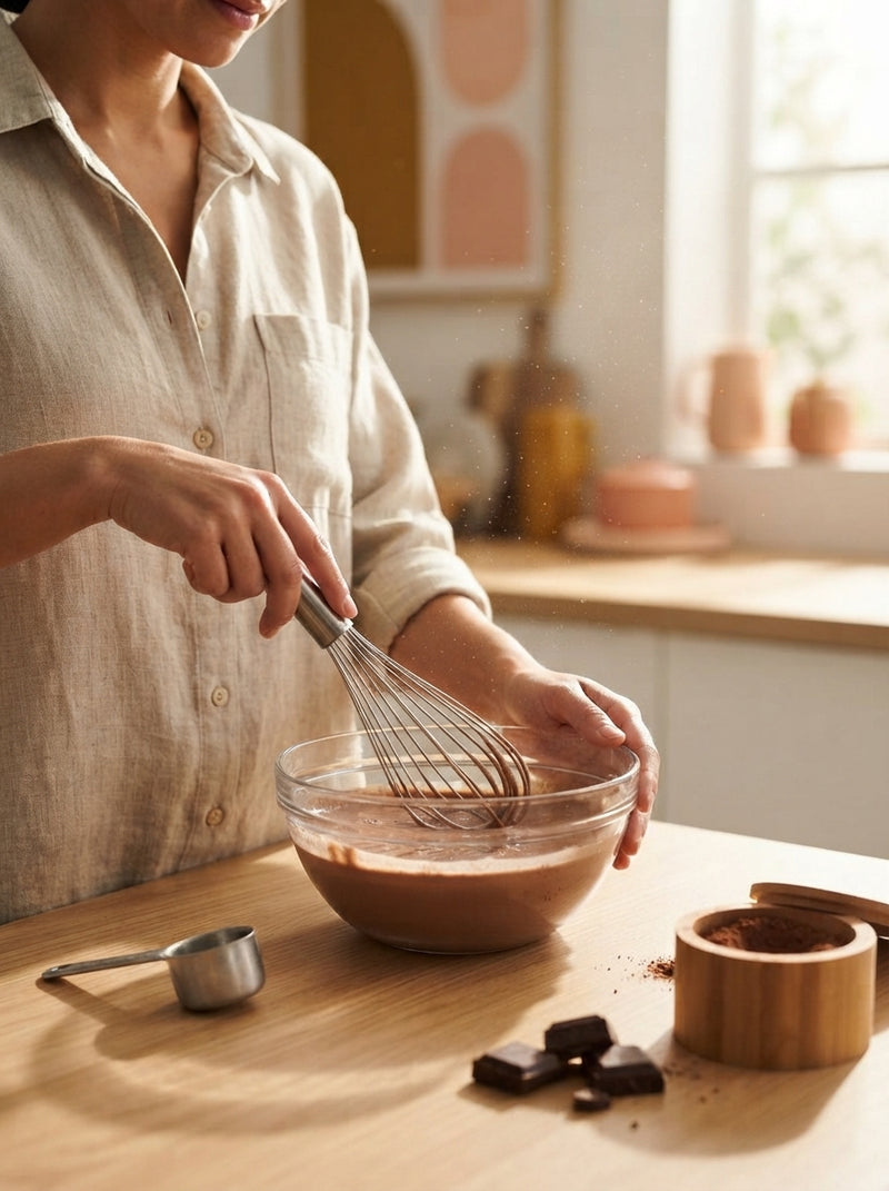 A person whisking chocolate protein powder in a glass bowl in a sunlit kitchen.