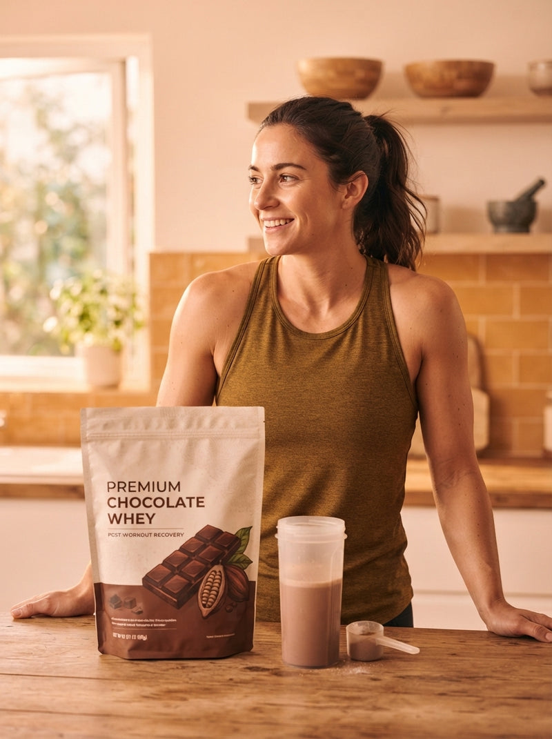 A fit person standing in a kitchen after a workout with a bag of protein powder on the counter.